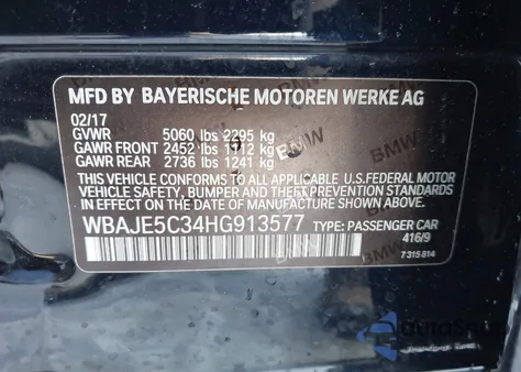 2017 BMW 540I z USA, uszkodzony, nr VIN WBAJE5C34HG913577